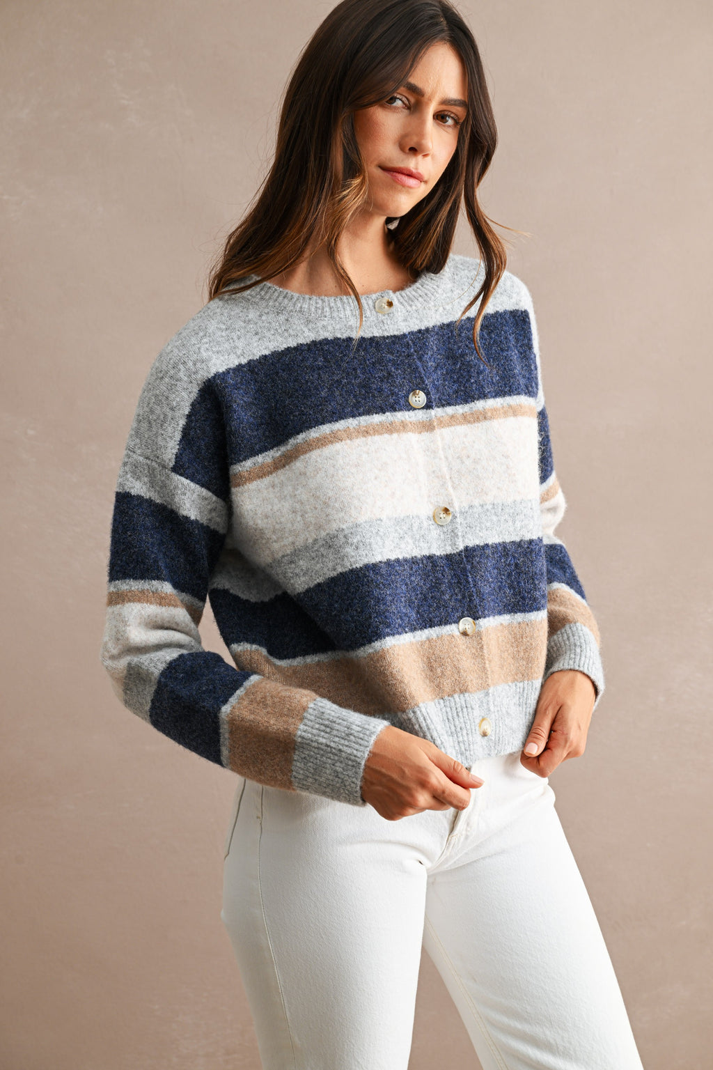 Multi-Color Striped Long Sleeve Knit Cropped Cardigan