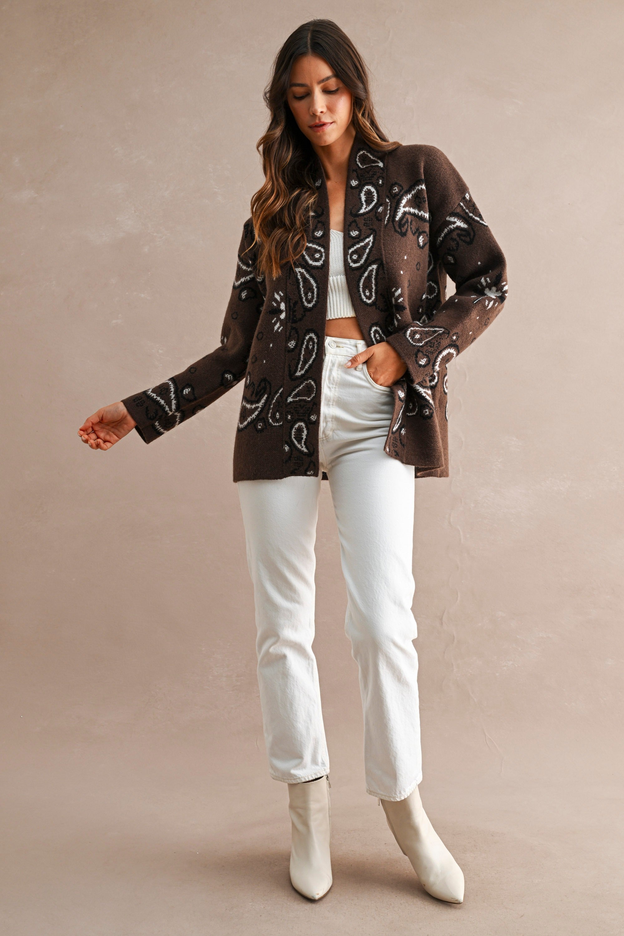 Paisley Pattern Knit Open Front Shawl Collar Cardigan (Chocolate Brown)