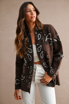 Paisley Pattern Knit Open Front Shawl Collar Cardigan (Chocolate Brown)