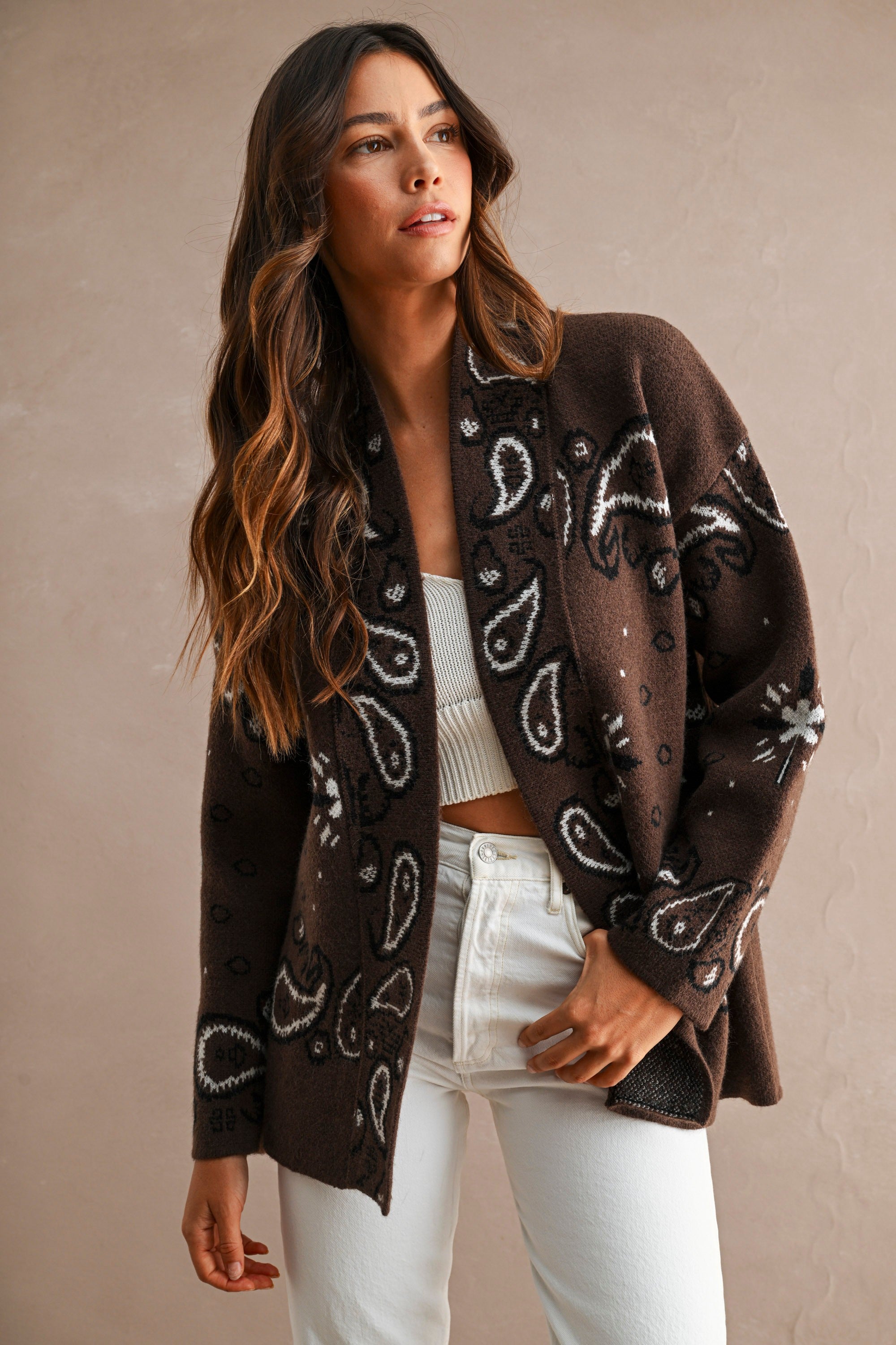 Paisley Pattern Knit Open Front Shawl Collar Cardigan (Chocolate Brown)
