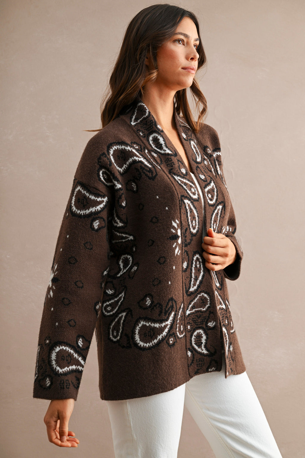 Paisley Pattern Knit Open Front Shawl Collar Cardigan (Chocolate Brown)