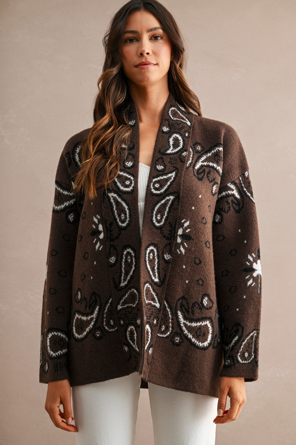 Paisley Pattern Knit Open Front Shawl Collar Cardigan (Chocolate Brown)