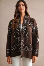 Paisley Pattern Knit Open Front Shawl Collar Cardigan (Chocolate Brown)