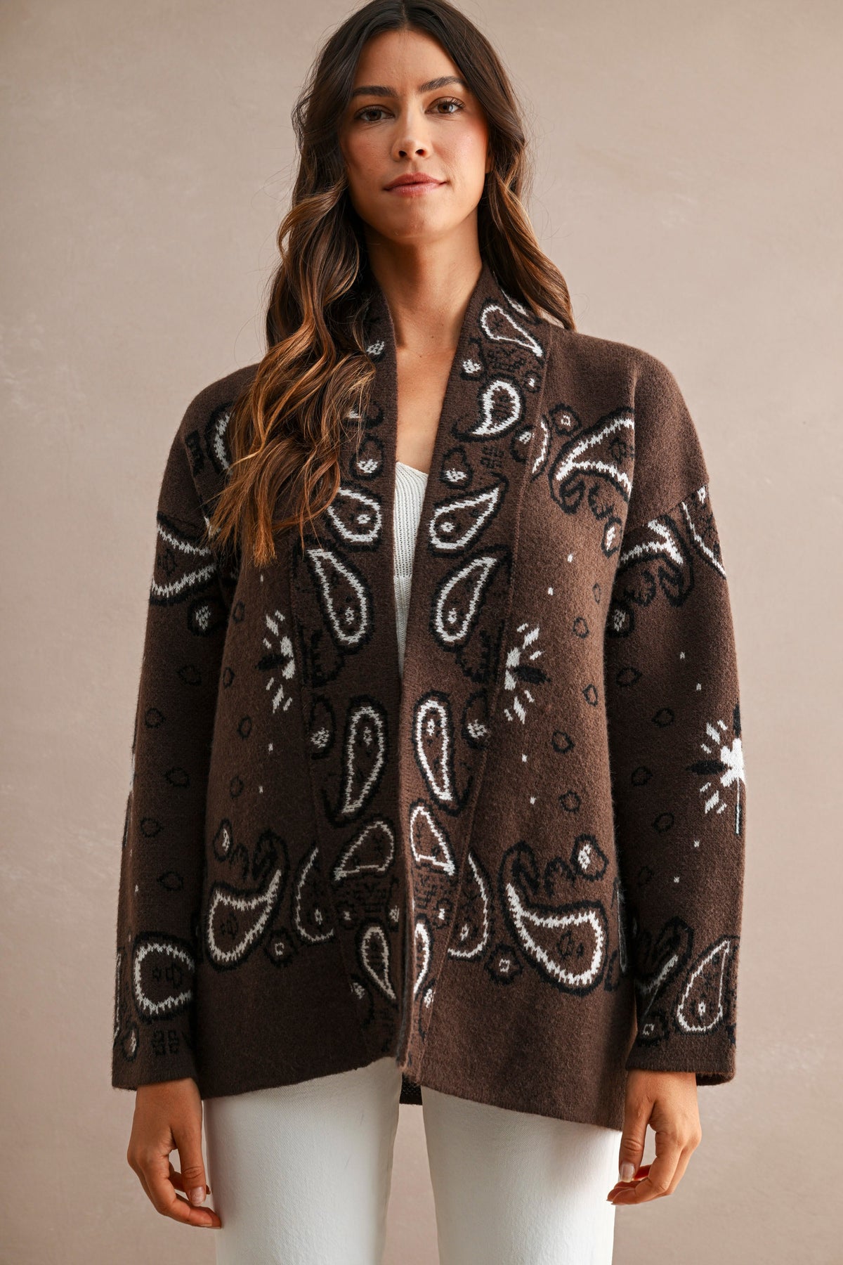 Paisley Pattern Knit Open Front Shawl Collar Cardigan (Chocolate Brown)