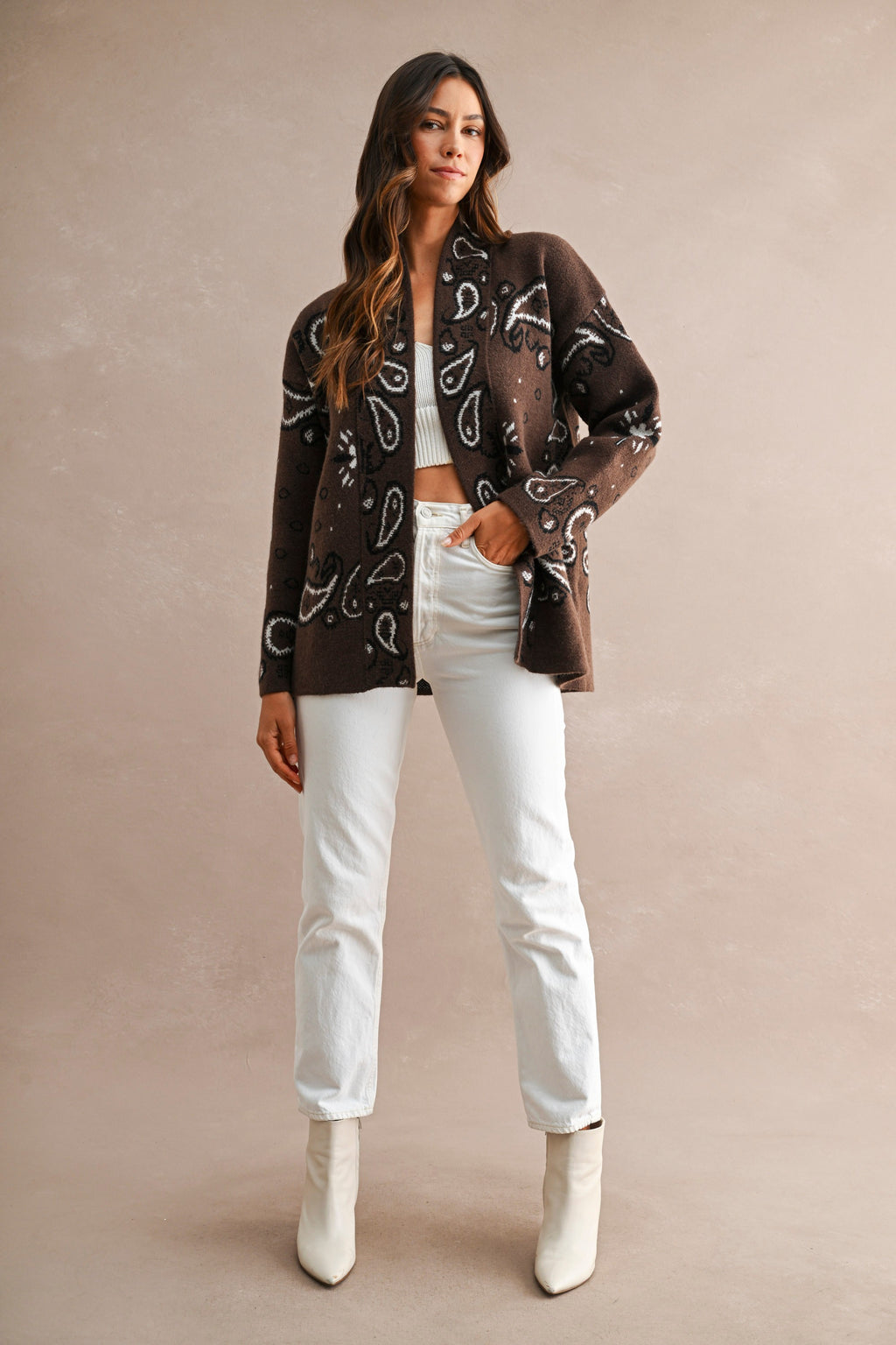 Paisley Pattern Knit Open Front Shawl Collar Cardigan (Chocolate Brown)