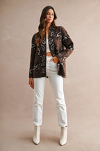 Paisley Pattern Knit Open Front Shawl Collar Cardigan (Chocolate Brown)