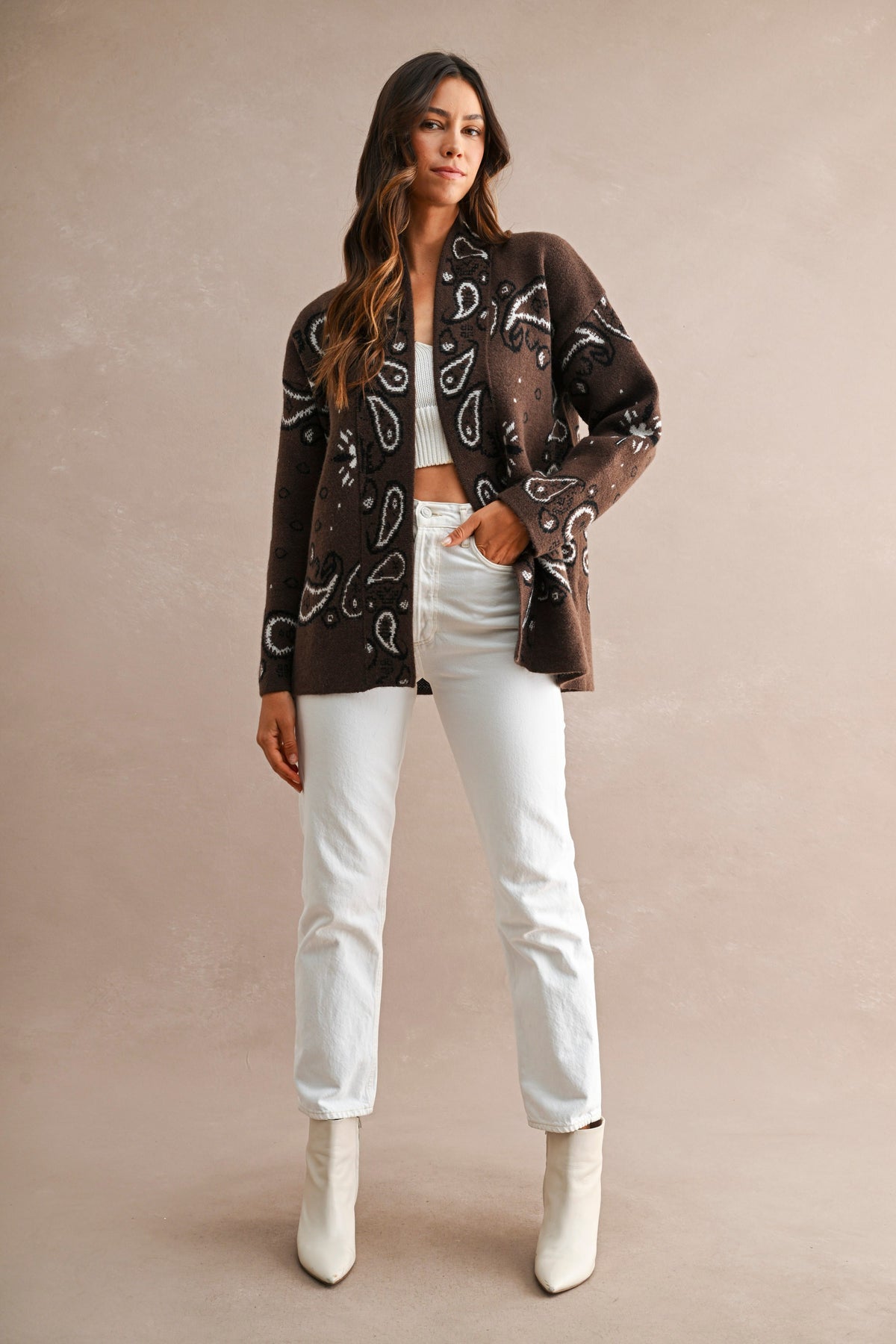 Paisley Pattern Knit Open Front Shawl Collar Cardigan (Chocolate Brown)
