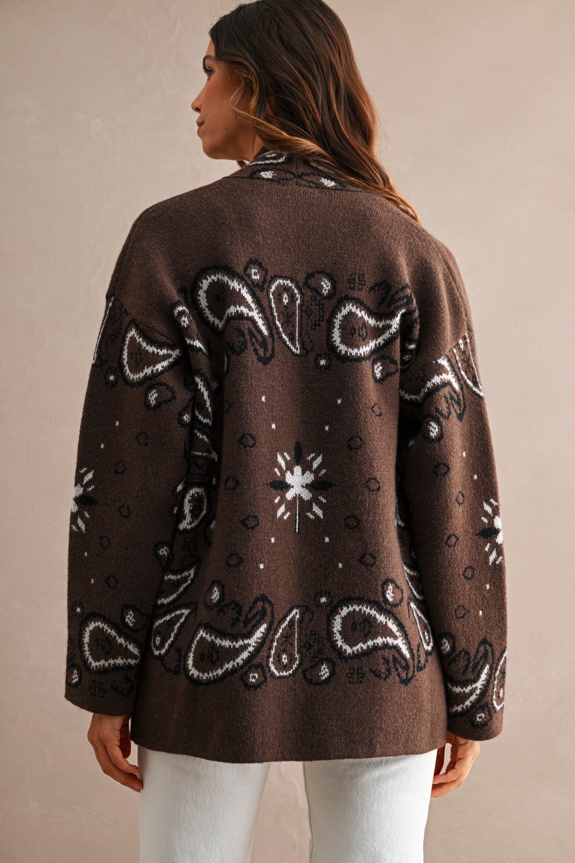 Paisley Pattern Knit Open Front Shawl Collar Cardigan (Chocolate Brown)