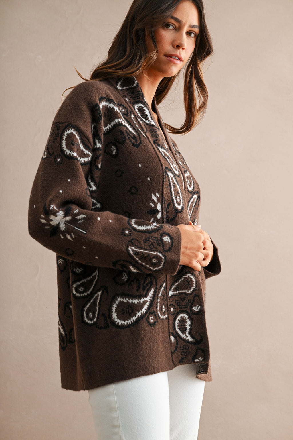 Paisley Pattern Knit Open Front Shawl Collar Cardigan (Chocolate Brown)