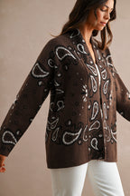 Paisley Pattern Knit Open Front Shawl Collar Cardigan (Chocolate Brown)