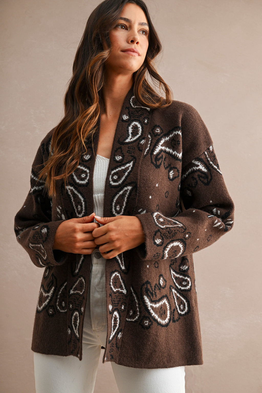 Paisley Pattern Knit Open Front Shawl Collar Cardigan (Chocolate Brown)