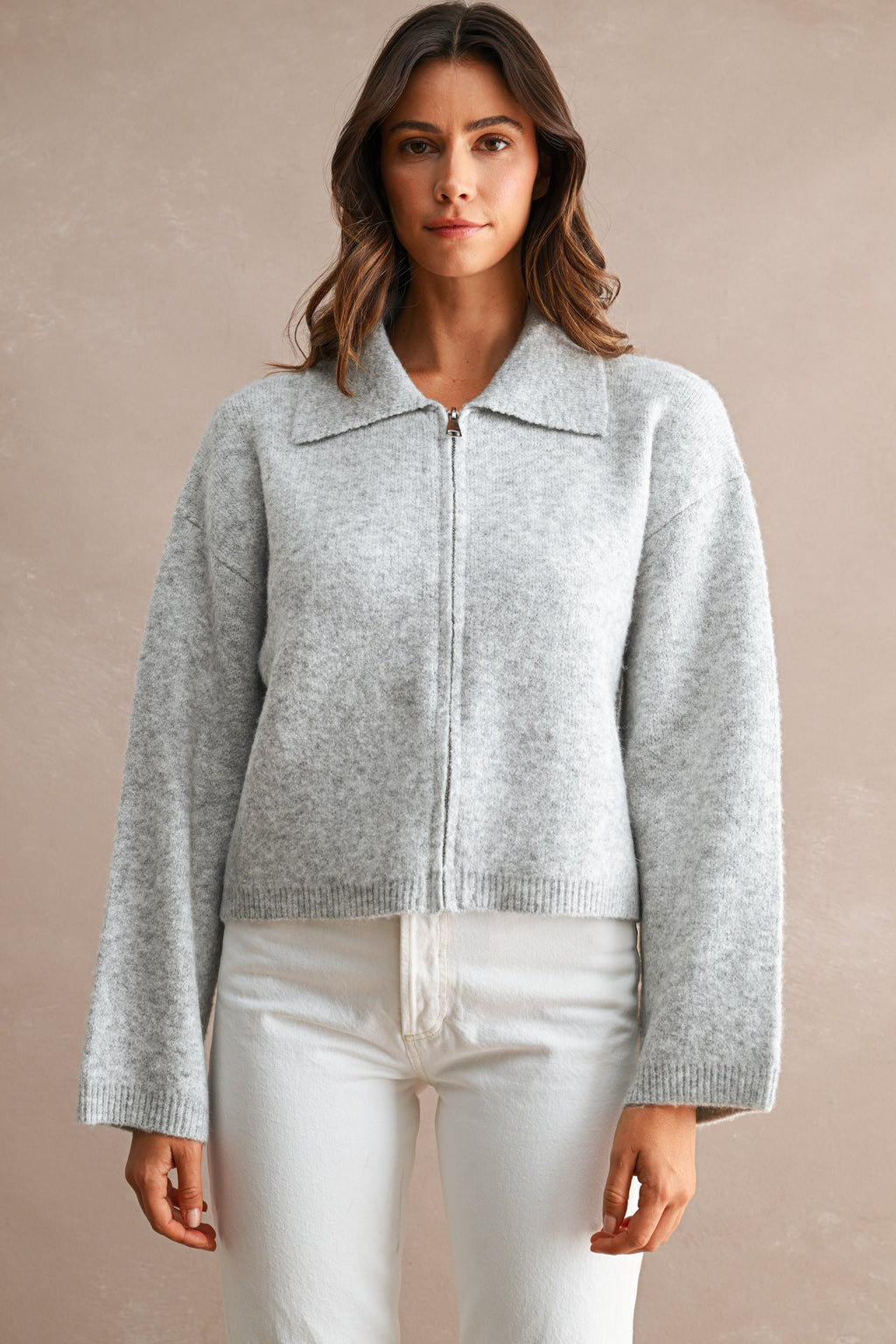 Collared Zip-Up Knit Cardigan