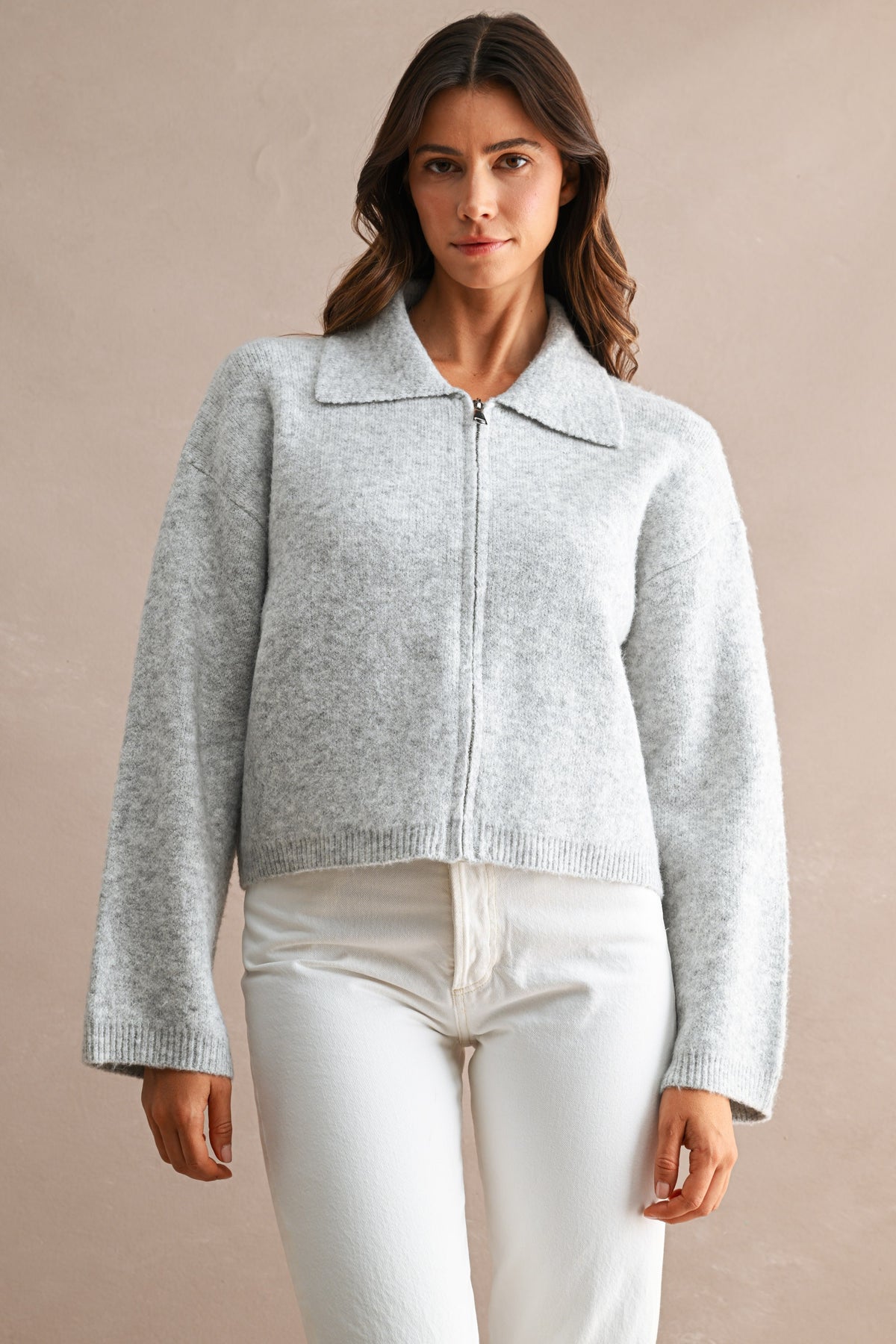 Collared Zip-Up Knit Cardigan Main image