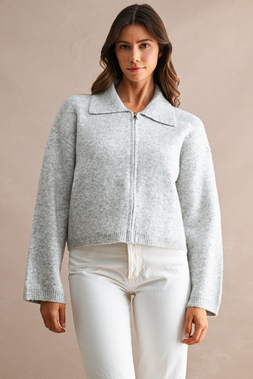 Collared Zip-Up Knit Cardigan