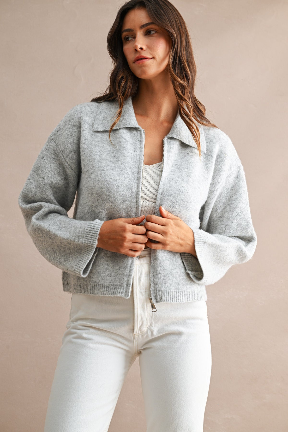 Collared Zip-Up Knit Cardigan