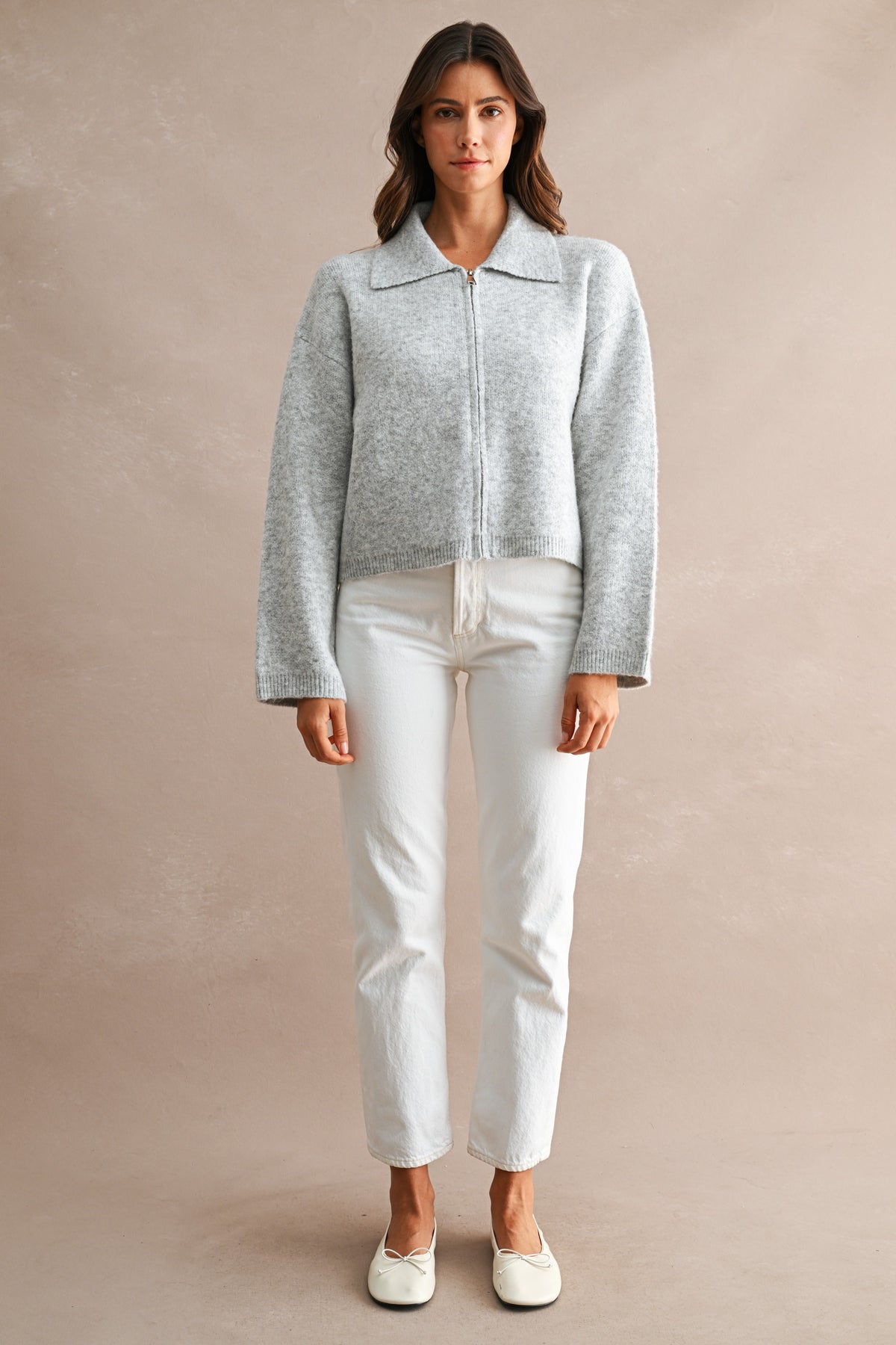 Collared Zip-Up Knit Cardigan