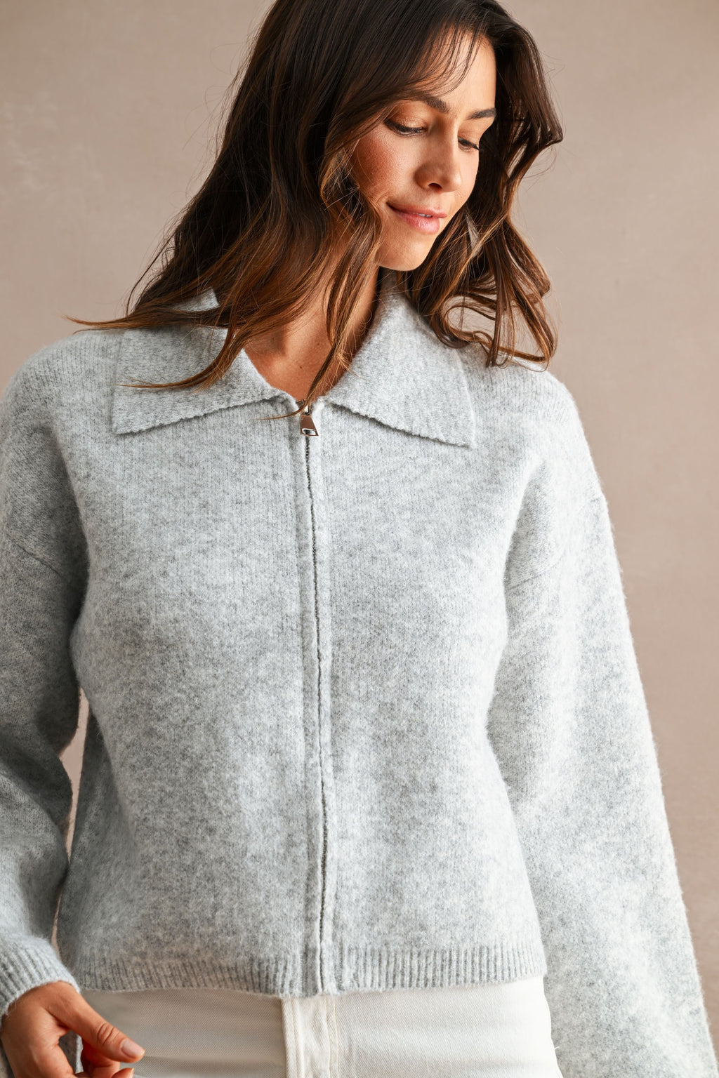 Collared Zip-Up Knit Cardigan