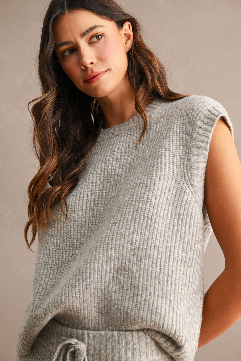 Ribbed Sleeveless Knit Sweater Top and Wide Leg Pants Set (Lt Mocha)