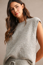 Ribbed Sleeveless Knit Sweater Top and Wide Leg Pants Set (Lt Mocha)