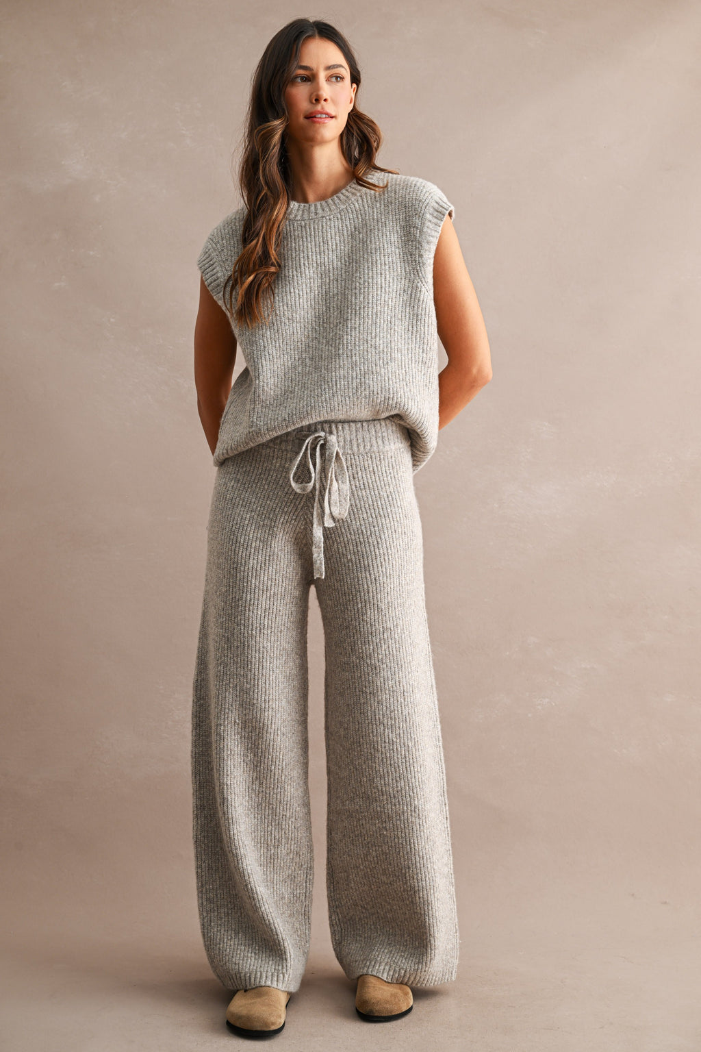 Ribbed Sleeveless Knit Sweater Top and Wide Leg Pants Set (Lt Mocha)