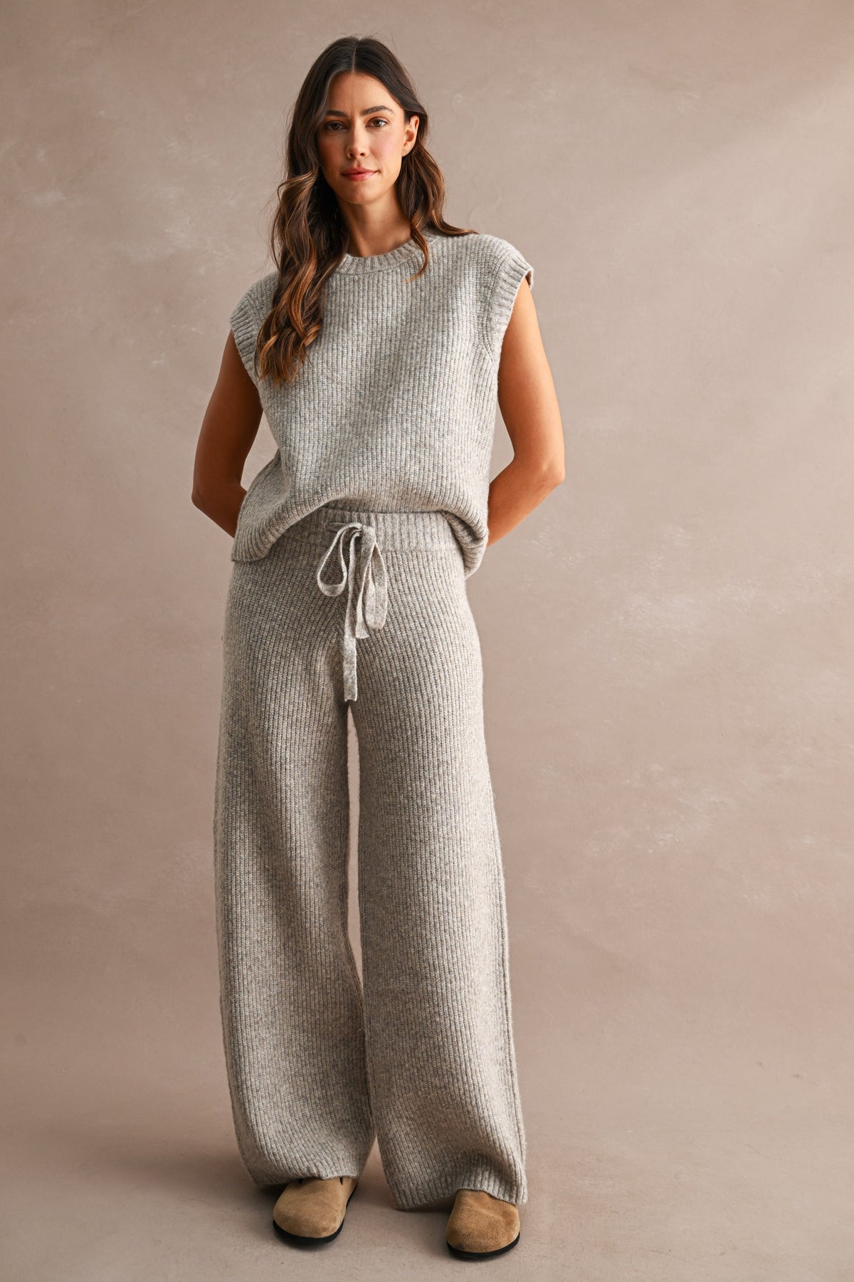 Ribbed Sleeveless Knit Sweater Top and Wide Leg Pants Set (Lt Mocha) Main image