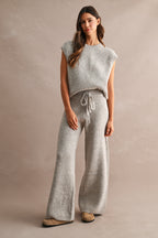 Ribbed Sleeveless Knit Sweater Top and Wide Leg Pants Set (Lt Mocha)