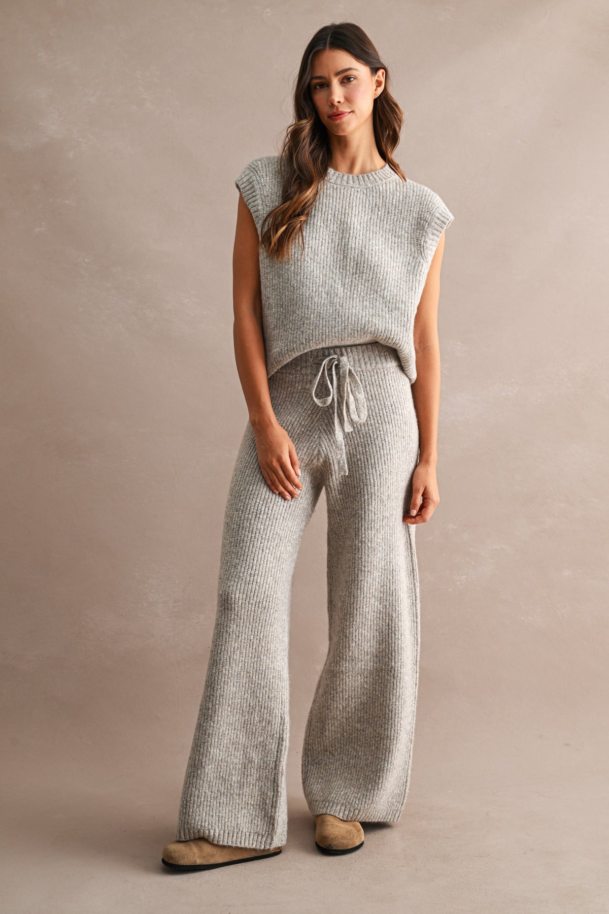 Ribbed Sleeveless Knit Sweater Top and Wide Leg Pants Set (Lt Mocha)