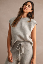 Ribbed Sleeveless Knit Sweater Top and Wide Leg Pants Set (Lt Mocha)