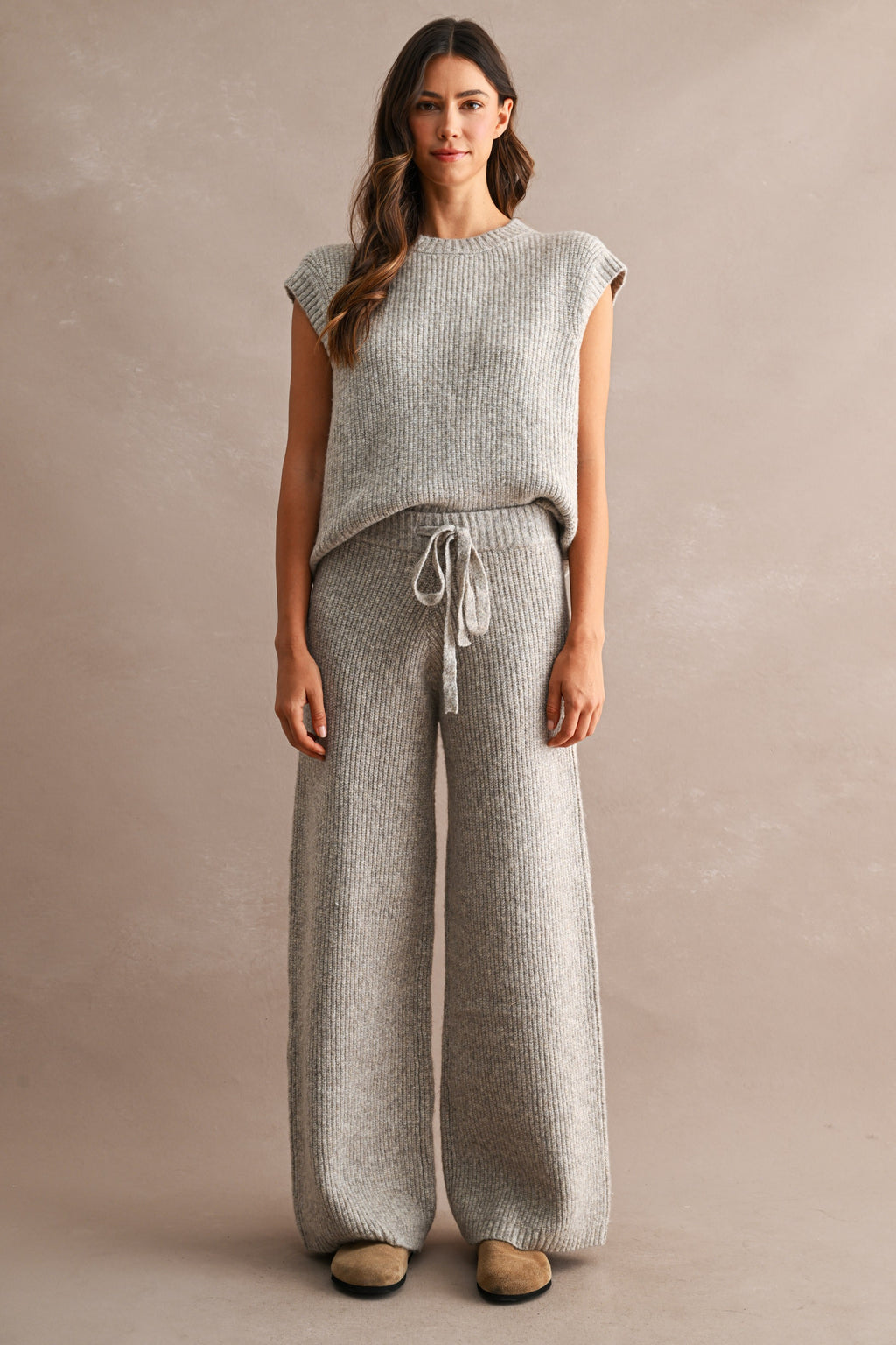 Ribbed Sleeveless Knit Sweater Top and Wide Leg Pants Set (Lt Mocha)