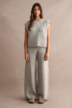 Ribbed Sleeveless Knit Sweater Top and Wide Leg Pants Set (Lt Mocha)