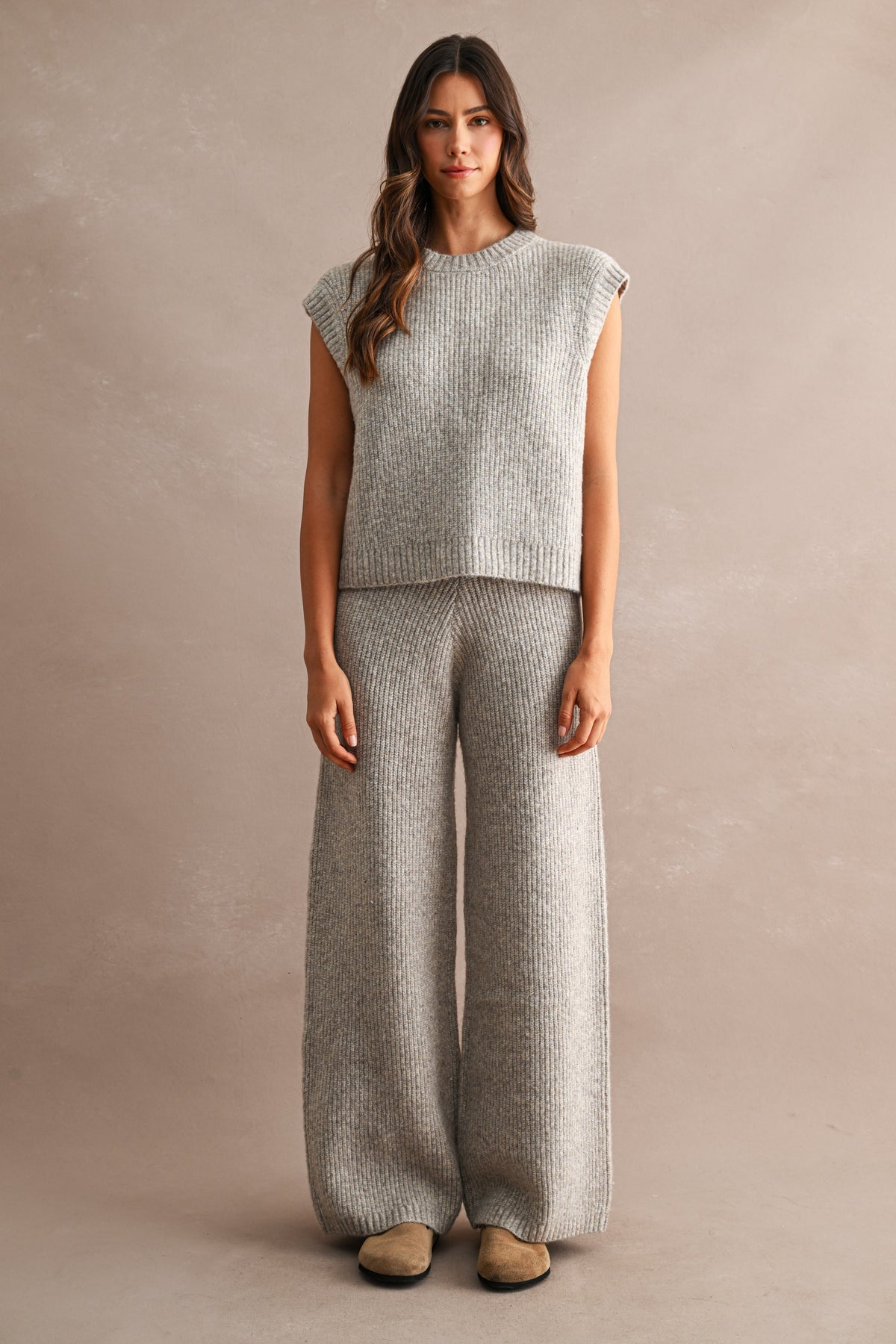 Ribbed Sleeveless Knit Sweater Top and Wide Leg Pants Set (Lt Mocha)