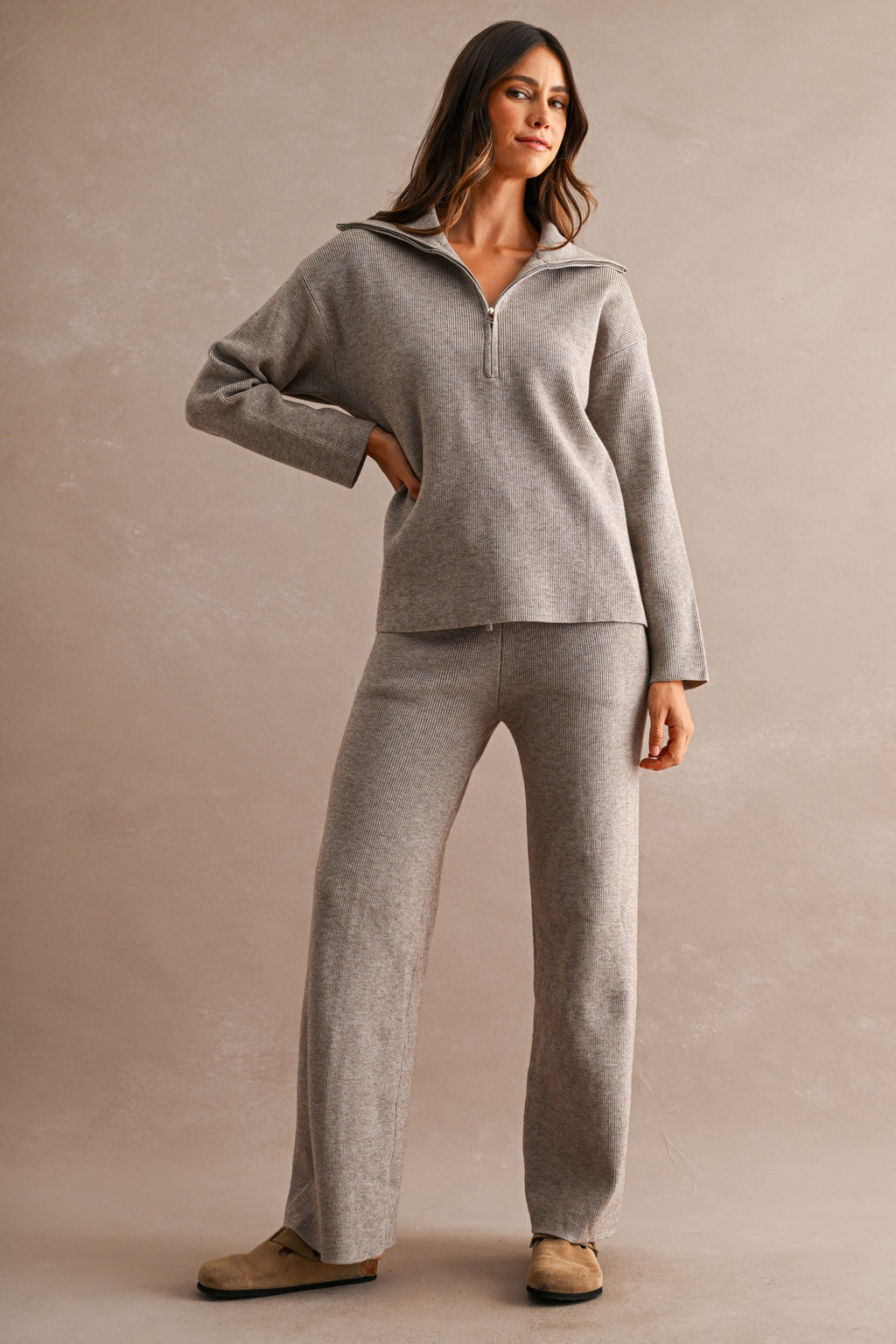Half-Zip Sweater & Wide-Leg Pants Set (Mocha)