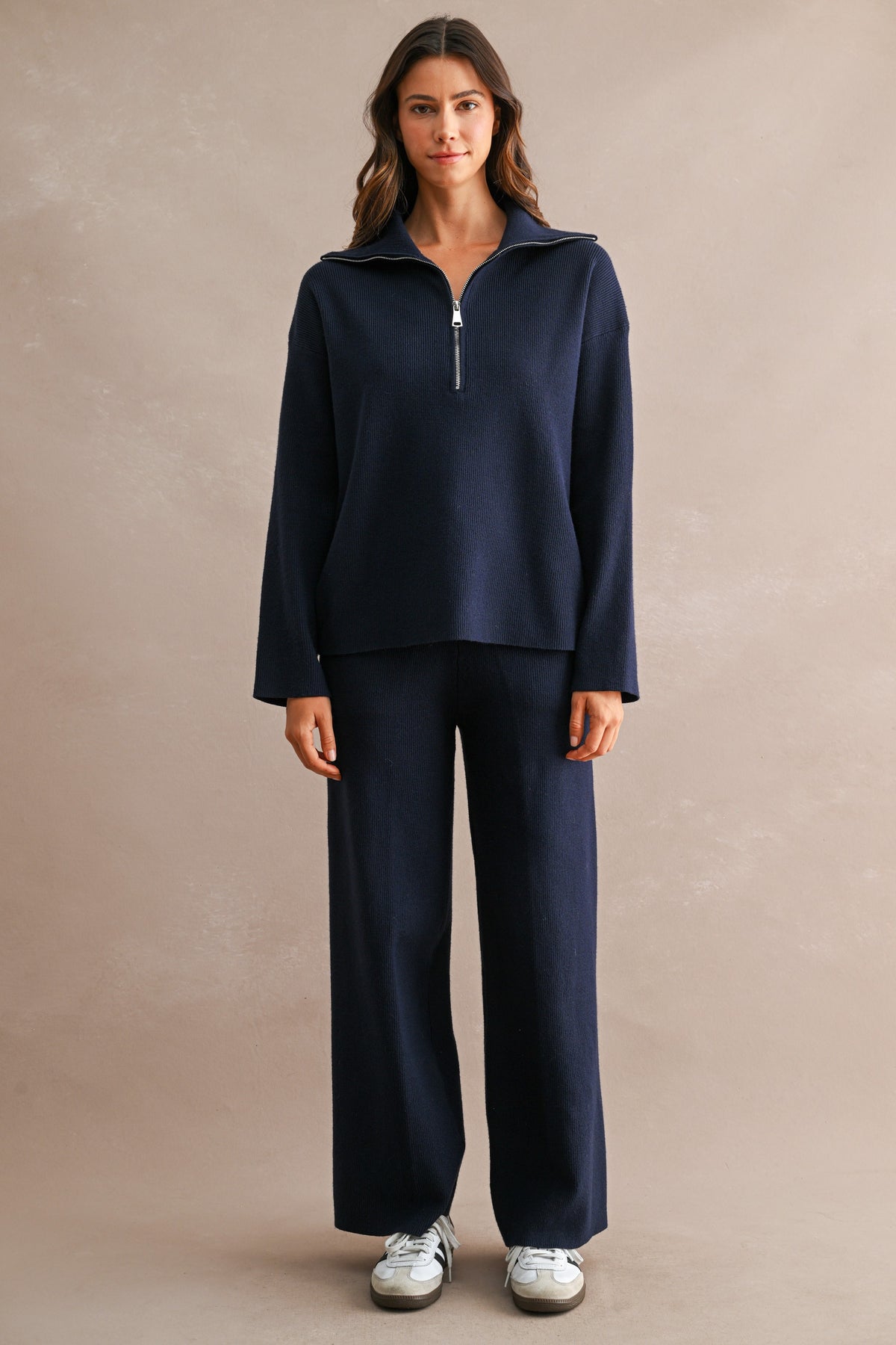 Half-Zip Sweater & Wide-Leg Pants Set (Navy) Main image
