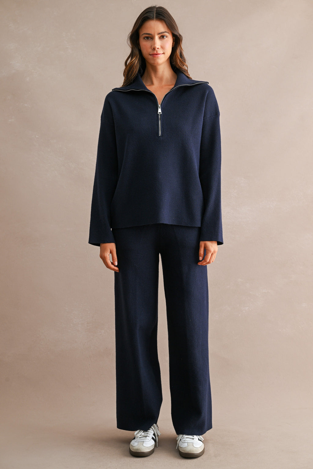 Half-Zip Sweater & Wide-Leg Pants Set (Navy)