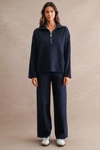 Half-Zip Sweater & Wide-Leg Pants Set (Navy)