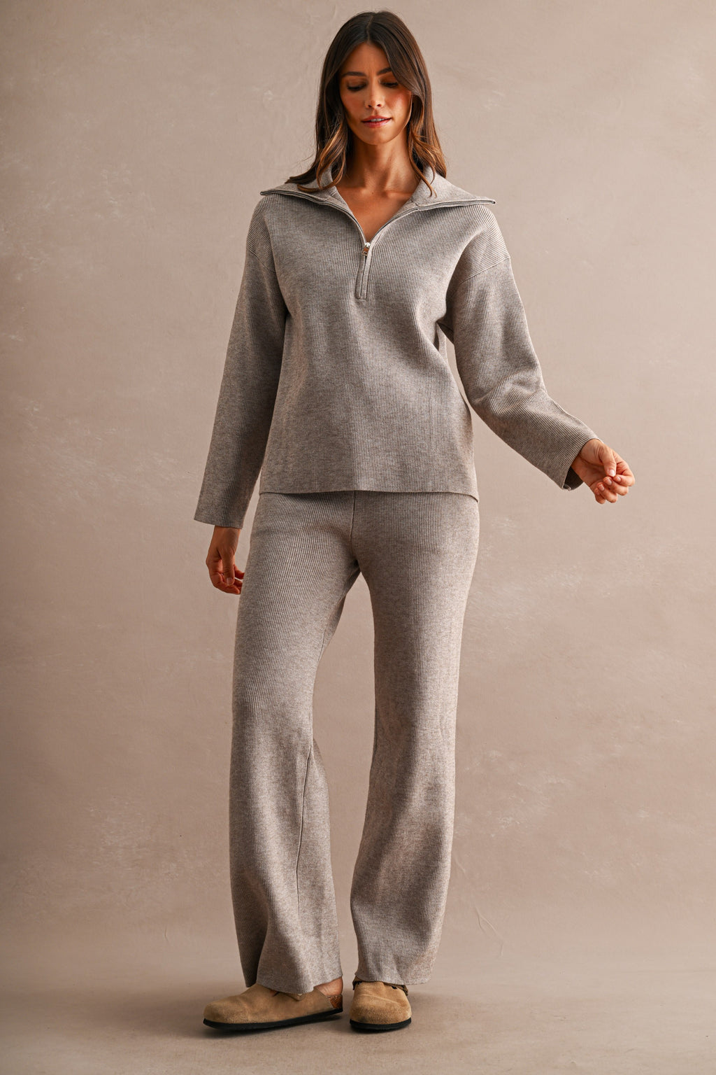 Half-Zip Sweater & Wide-Leg Pants Set (Mocha)