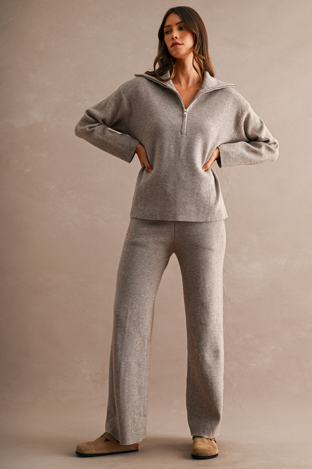 Half-Zip Sweater & Wide-Leg Pants Set (Mocha)