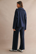 Half-Zip Sweater & Wide-Leg Pants Set (Navy)