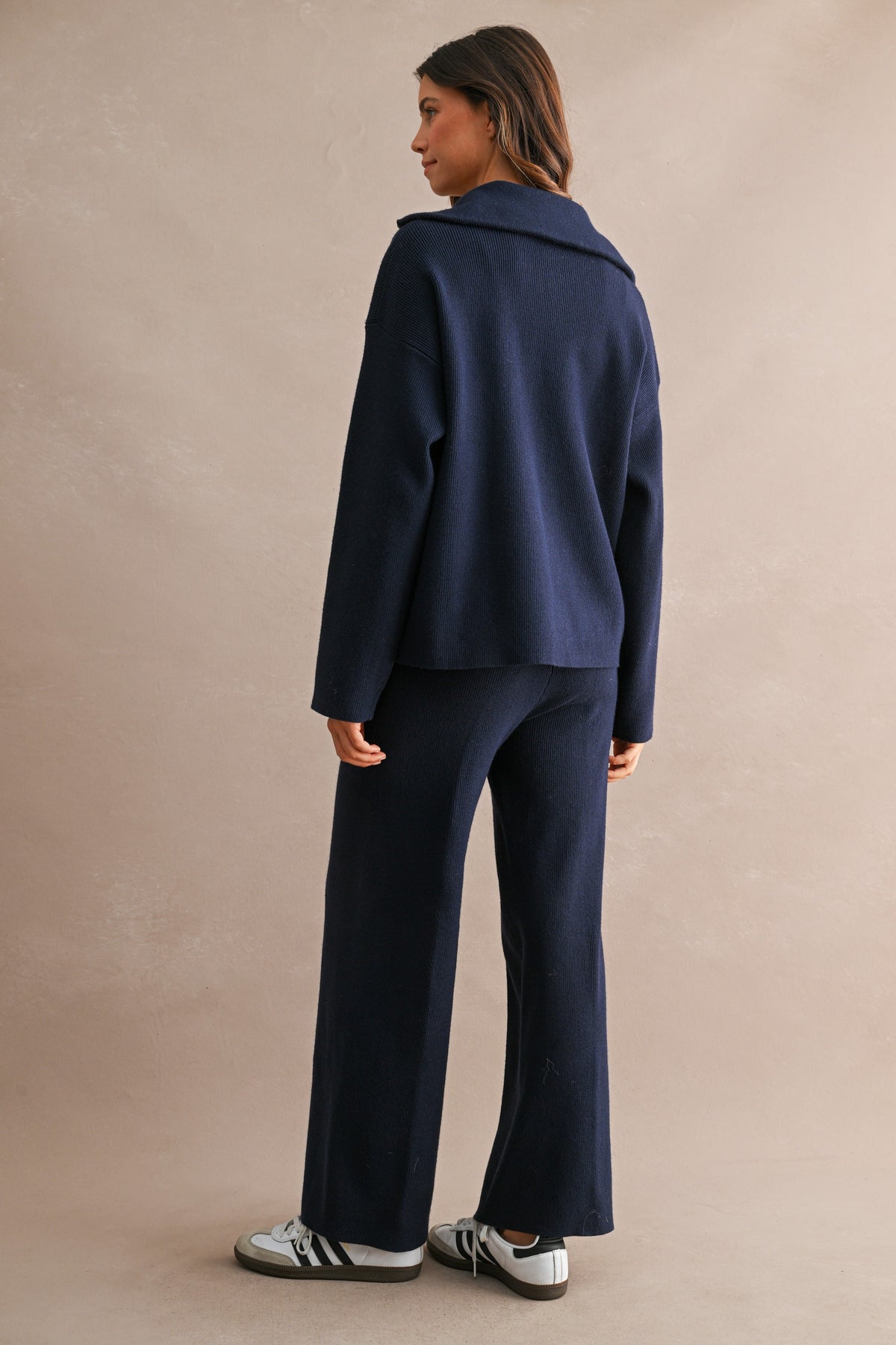 Half-Zip Sweater & Wide-Leg Pants Set (Navy)