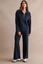 Half-Zip Sweater & Wide-Leg Pants Set (Navy)