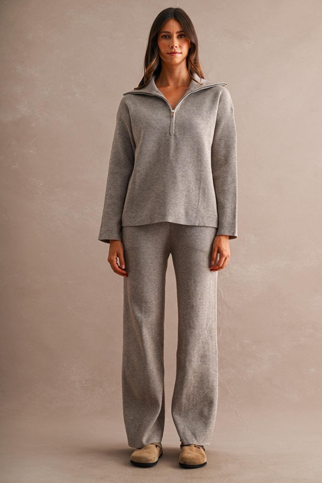 Half-Zip Sweater & Wide-Leg Pants Set (Mocha)