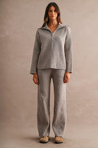 Half-Zip Sweater & Wide-Leg Pants Set (Mocha)