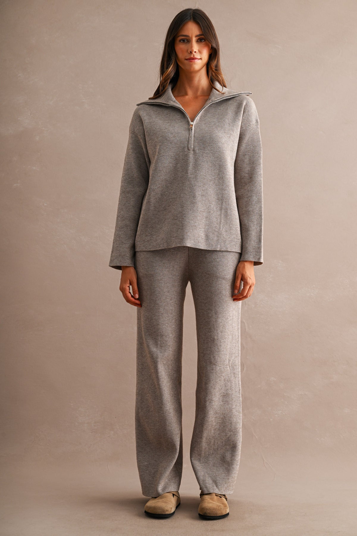 Half-Zip Sweater & Wide-Leg Pants Set (Mocha)
