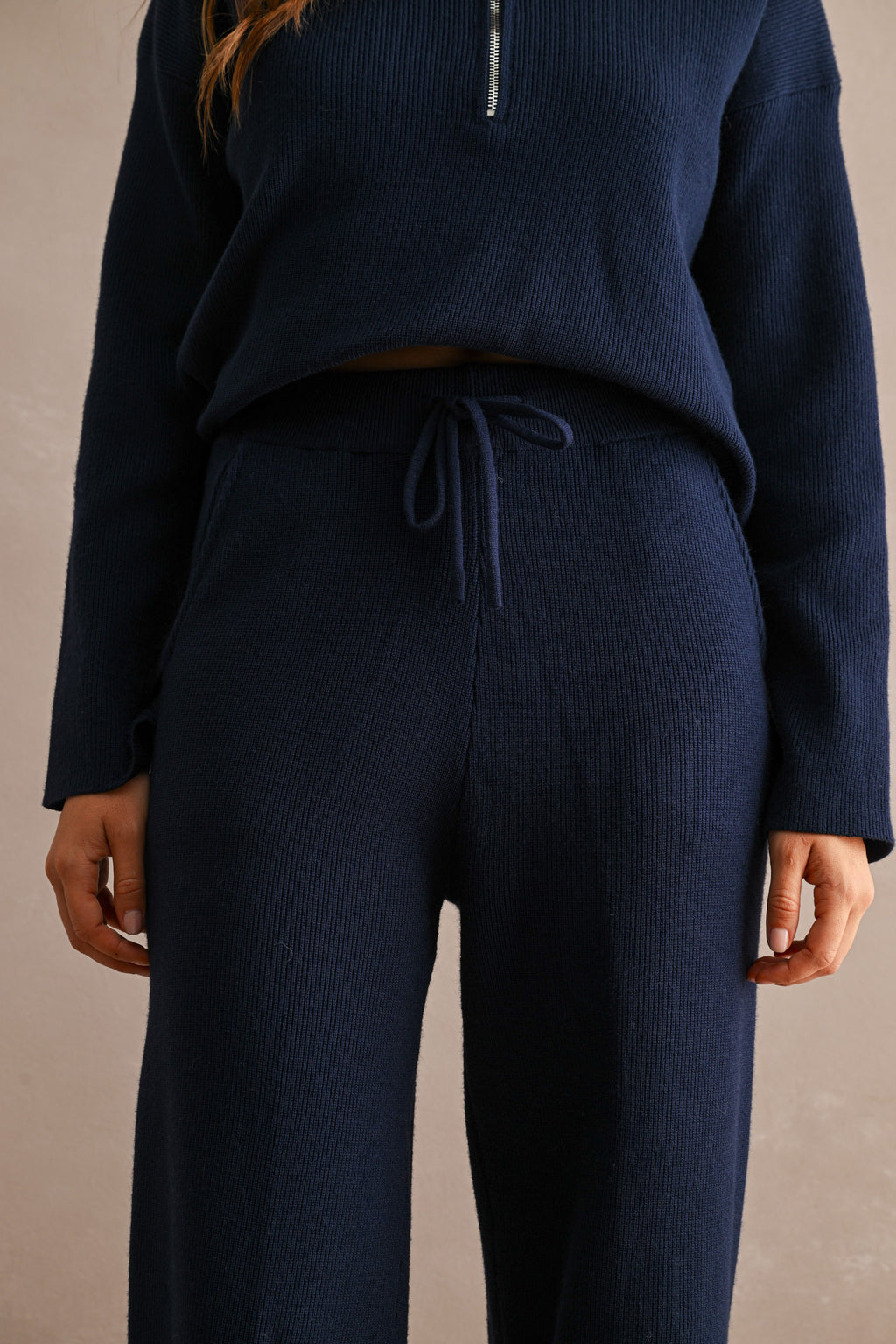 Half-Zip Sweater & Wide-Leg Pants Set (Navy)
