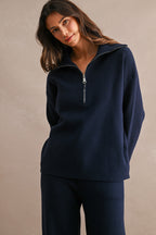 Half-Zip Sweater & Wide-Leg Pants Set (Navy)