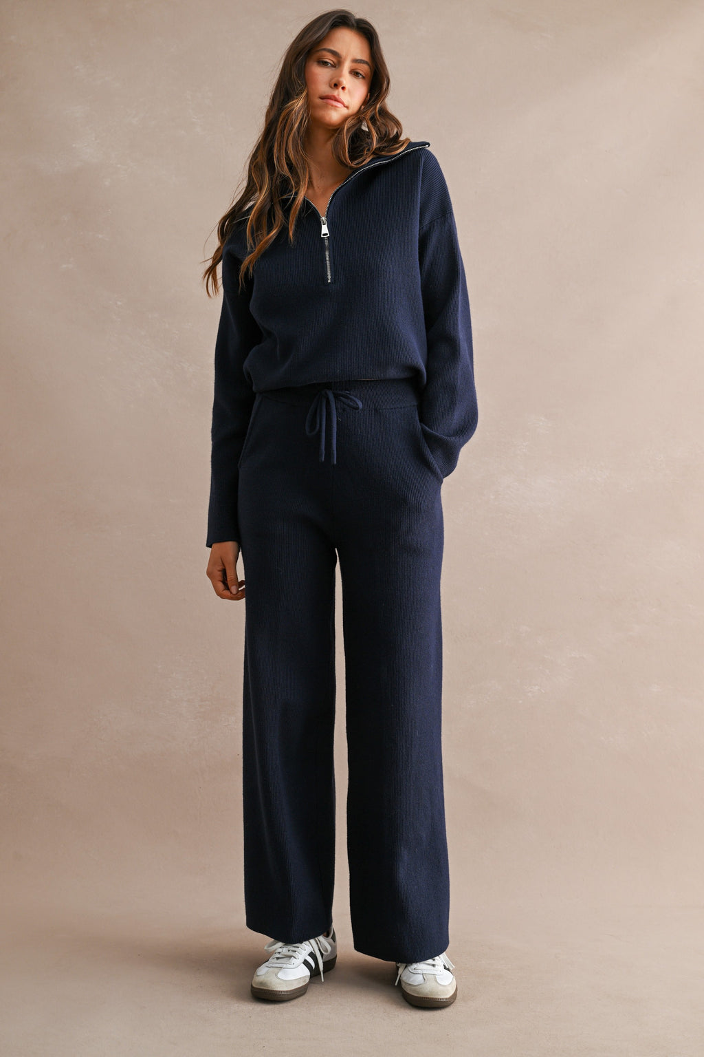 Half-Zip Sweater & Wide-Leg Pants Set (Navy)