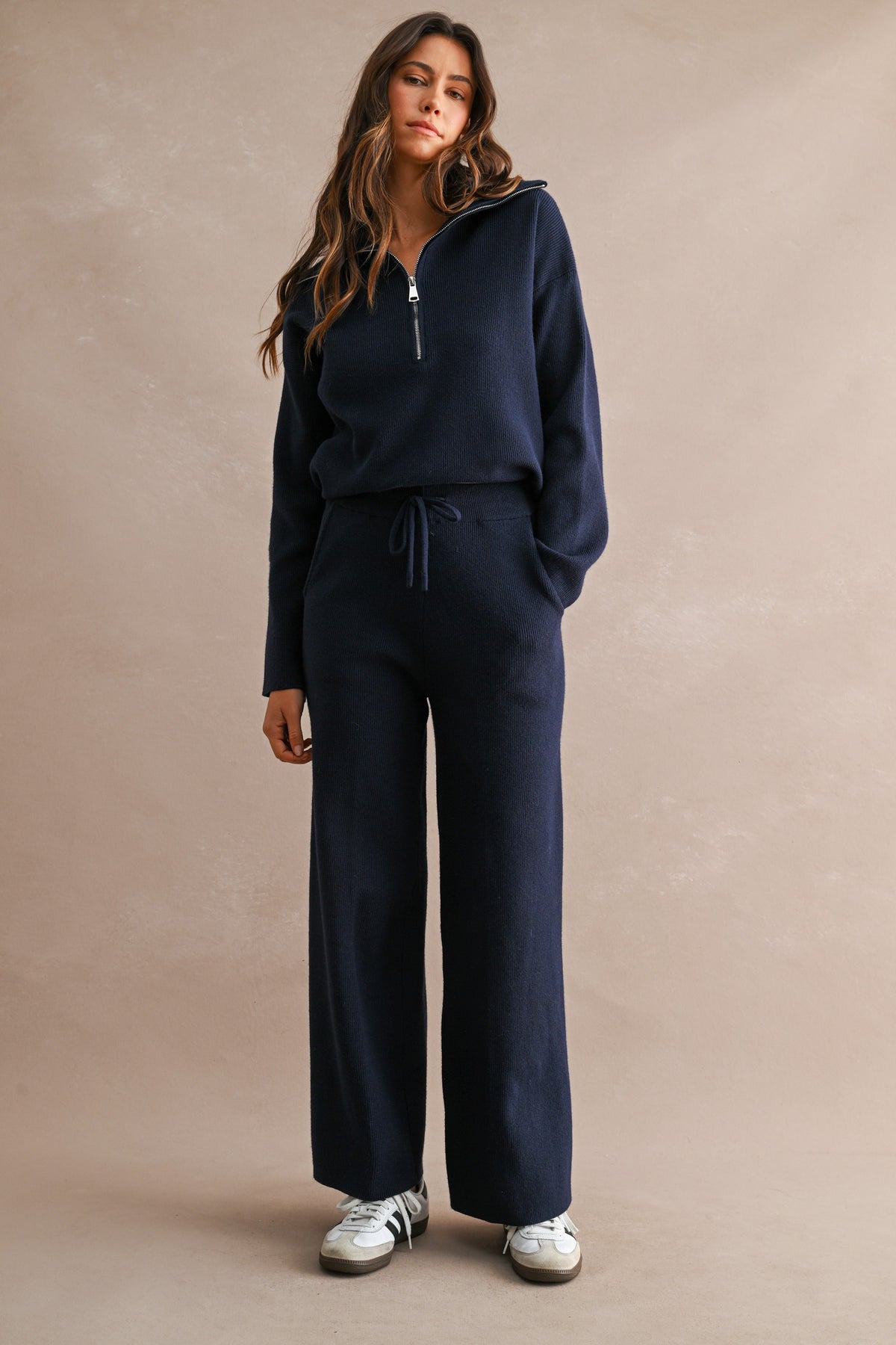 Half-Zip Sweater & Wide-Leg Pants Set (Navy)