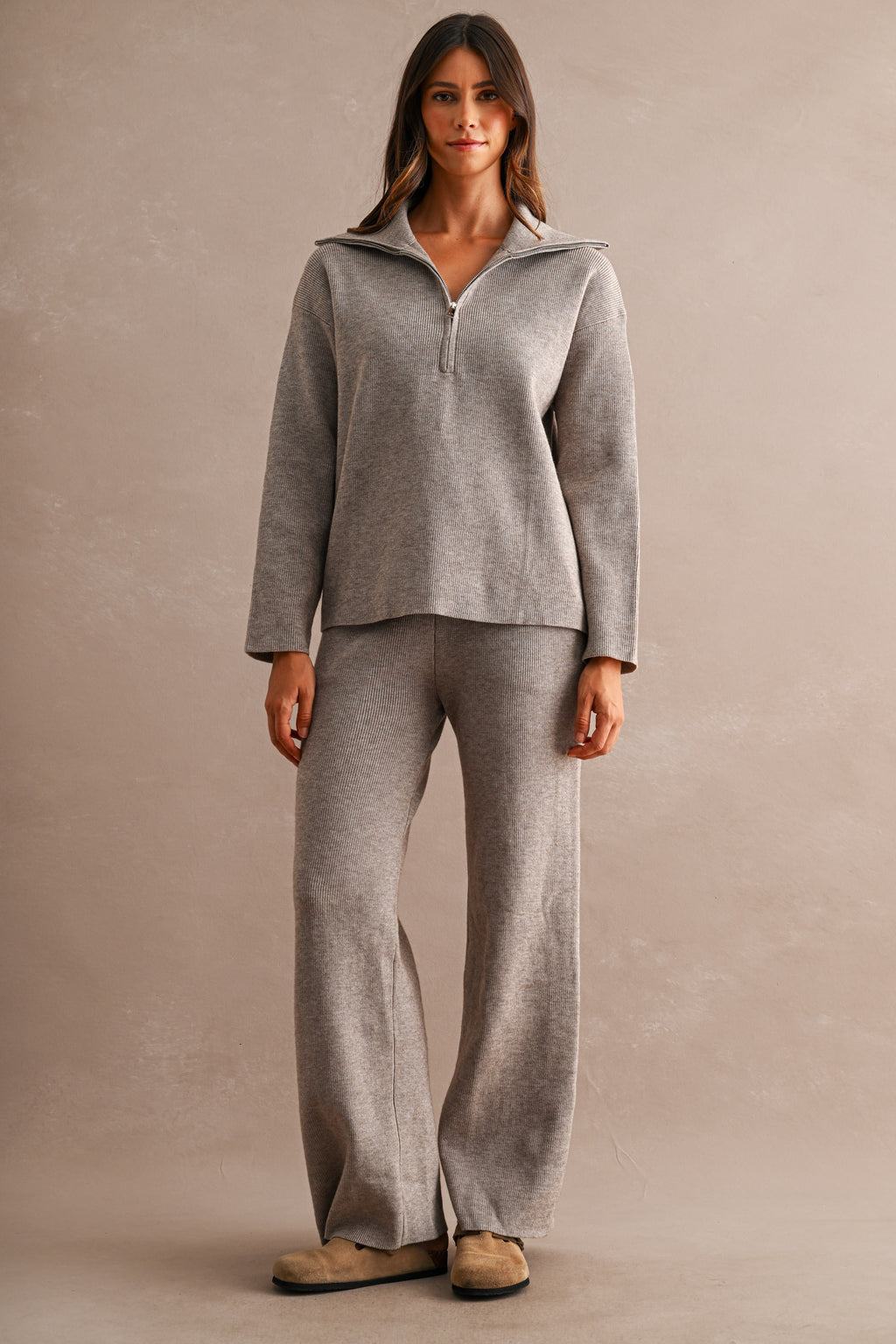 Half-Zip Sweater & Wide-Leg Pants Set (Mocha)
