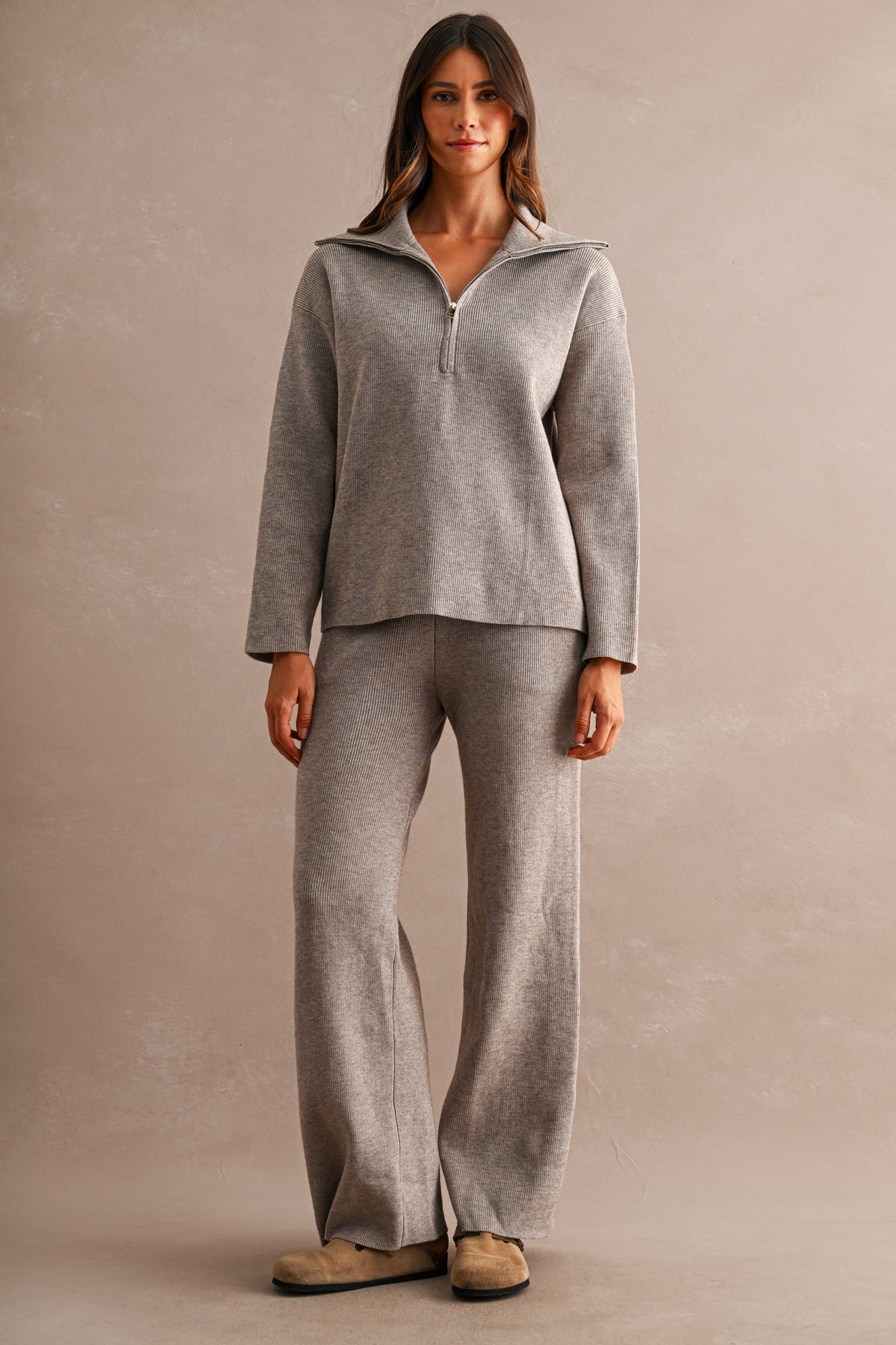 Half-Zip Sweater & Wide-Leg Pants Set (Mocha)