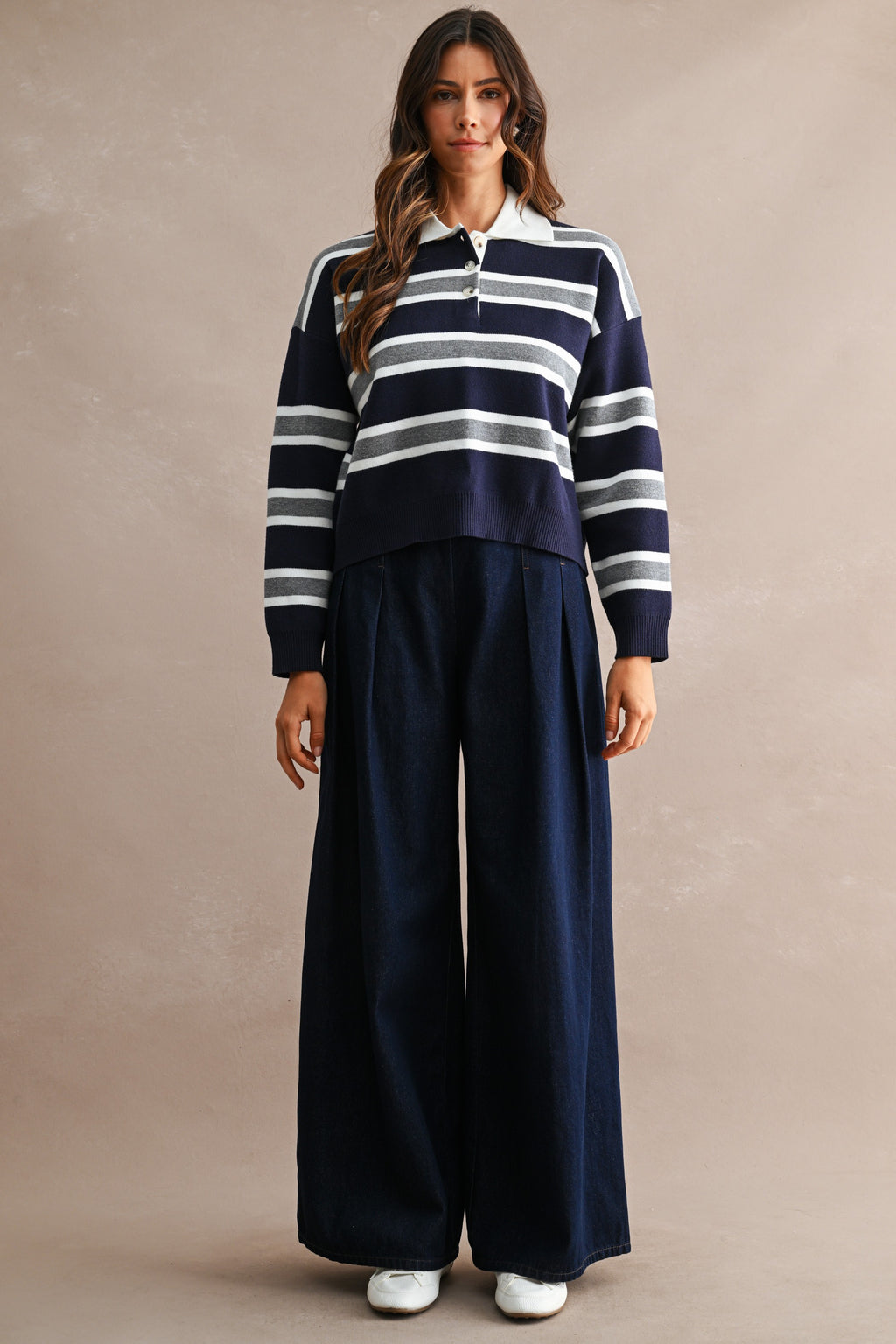 Striped Contrast Collar Cropped Sweater